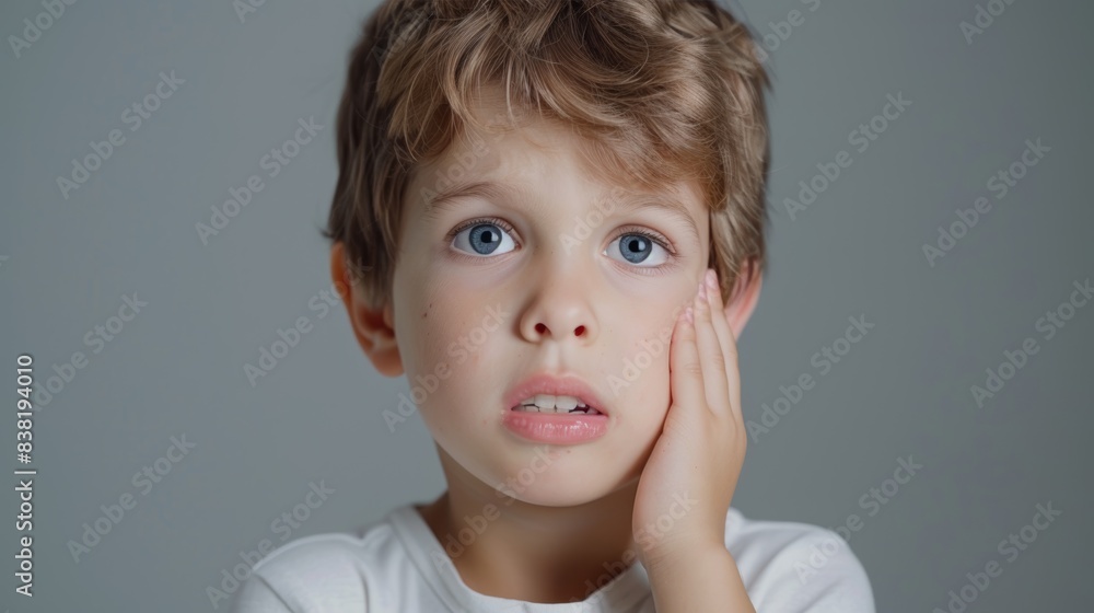 little boy presses hand to cheek, suffers from pain in tooth isolated on gray studio background. Teeth decay, dental problems, child emotions and facial expression little boy presses hand to cheek, suffers from pain in tooth isolated on gray studio background. Teeth decay, dental problems, child emotions and facial expression