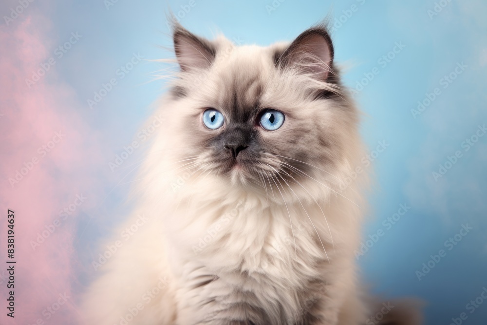 Portrait of a cute himalayan cat on pastel or soft colors background