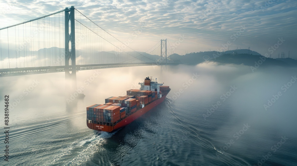 Naklejka premium Aerial shot of a container cargo ship passing under a suspension bridge, showcasing the scale and efficiency of maritime transportation