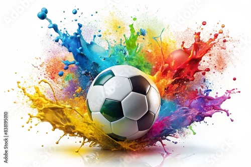 A Football splashing with color paint isolated on a colourfull and white background