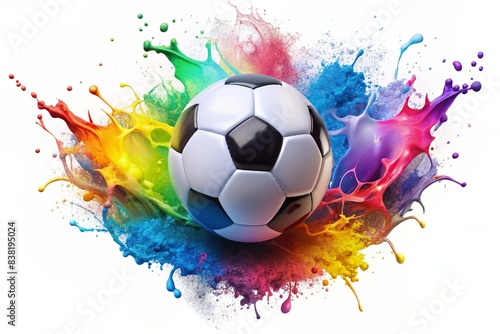 A Football splashing with color paint isolated on a colourfull and white background