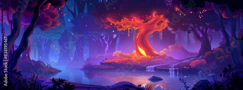 Magic fantasy neon glowing yellow and orange tree and flowers on island in a dark night forest. Cartoon modern illustration of an alien-shaped luminous plant at the center of a dark night forest. photo