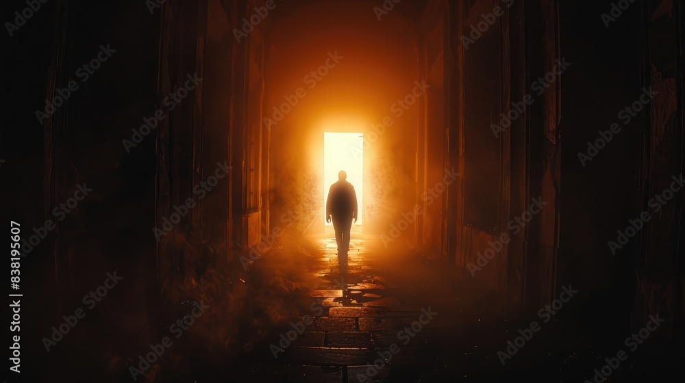 Back view of a person walking towards an open door in darkness, with bright light illuminating the path ahead Back view of a person walking towards an open door in darkness, with bright light illuminating the path ahead