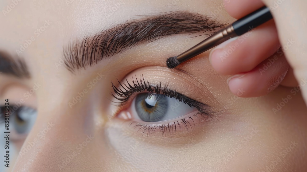 Naklejka premium Beauty blogger demonstrating eyebrow grooming techniques in a tutorial video, sharing tips for achieving the perfect arch