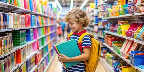 Smiling child with a backpack in a bookstore, selecting colorful exercise books for a new school year, exploring education materials