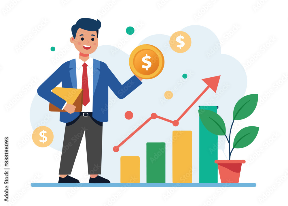 Investment growth, compound interest or dividend investing, profit earning from stock market, pension fund or saving, capital gain concept, businessman with grow graph and dollar sign profit return. Investment growth, compound interest or dividend investing, profit earning from stock market, pension fund or saving, capital gain concept, businessman with grow graph and dollar sign profit return.