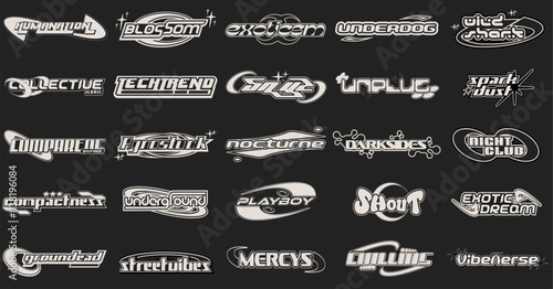 Y2K Logotype Graphic Assets frame Design, Lettering design. Big collection of typography or typeface abstract graphic Pack. y2k elements. stickers, posters, banners, streetwear. Vector illustration