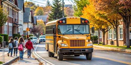 Children with backpacks walk towards a yellow school bus on a sunny morning in a peaceful suburban neighborhood setting photo