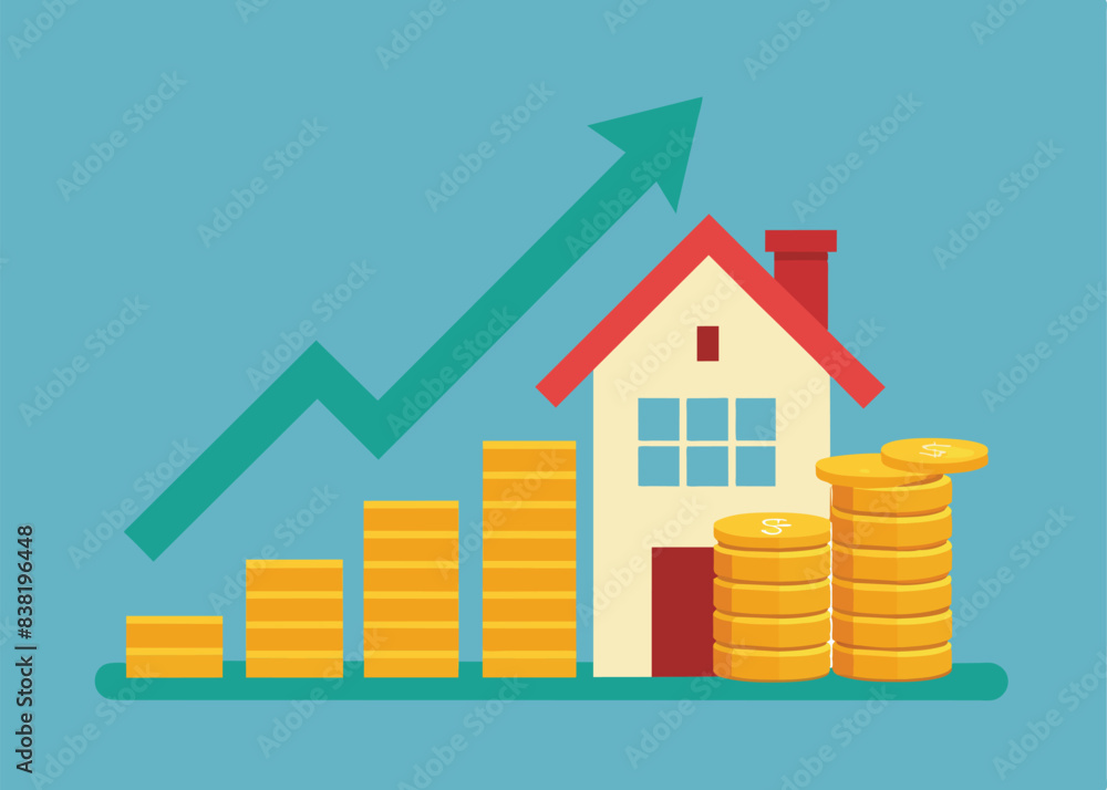 Real estate House on stack of coins. money stack. house, building, home. Arrow chart rising house prices. Real estate House on stack of coins. money stack. house, building, home. Arrow chart rising house prices.
