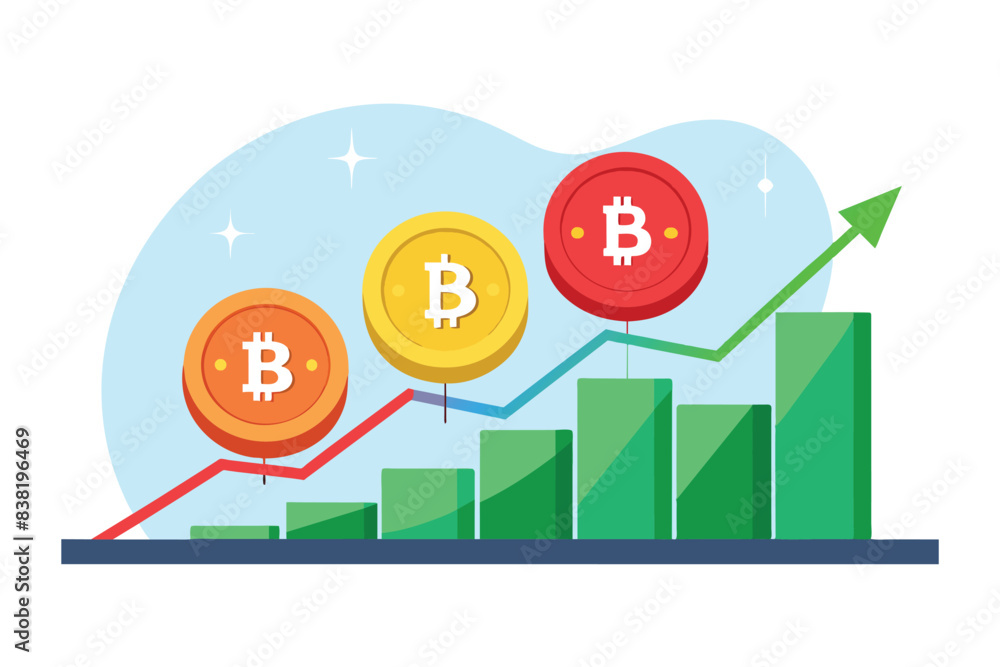 Coins place on stock chart or cryptocurrency chart bar uptrend from red to green and profitable for trader ,vector 3d isolated on white background for making media about stock trading investment Coins place on stock chart or cryptocurrency chart bar uptrend from red to green and profitable for trader ,vector 3d isolated on white background for making media about stock trading investment