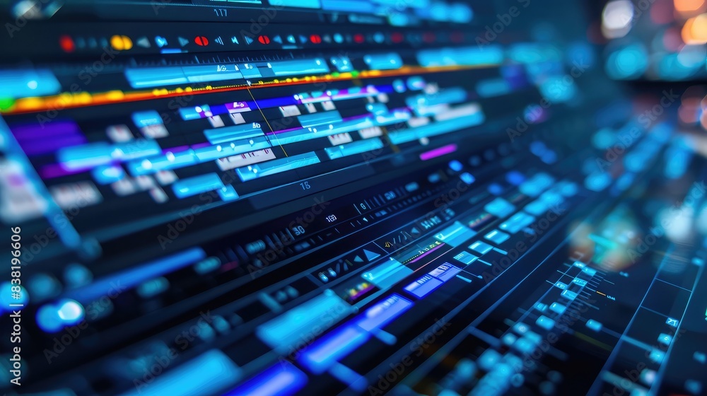 Close-up of a computer screen displaying a professional video editing timeline, with multiple tracks and layers for precise editing Close-up of a computer screen displaying a professional video editing timeline, with multiple tracks and layers for precise editing