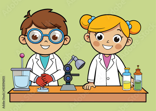 cute little kid boy and girl do research in the lab.