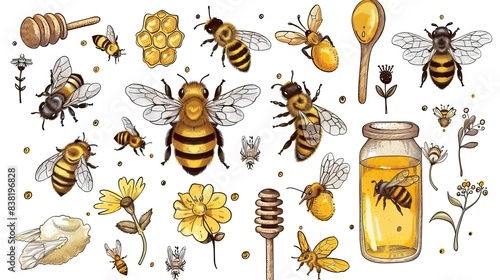 Bees set honey clipart Hand drawn bee honey elements