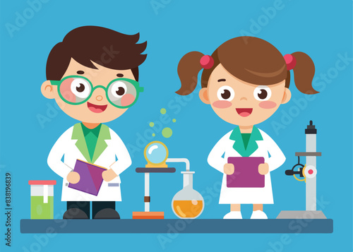 cute little kid boy and girl do research in the lab.