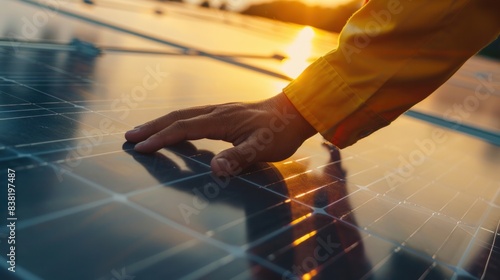 A Engineer Touching Industrial Solar Panel Generating Electricity.