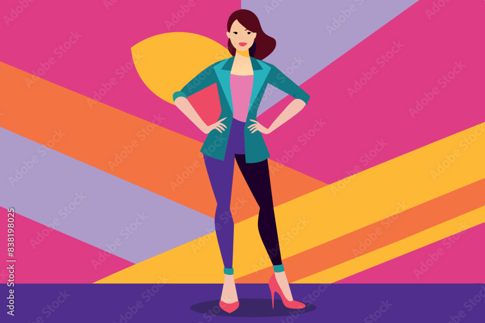 Colorful illustration of a girl standing with hands on hips in front of an abstract geometric background. Summer vacation atmosphere Colorful illustration of a girl standing with hands on hips in front of an abstract geometric background. Summer vacation atmosphere