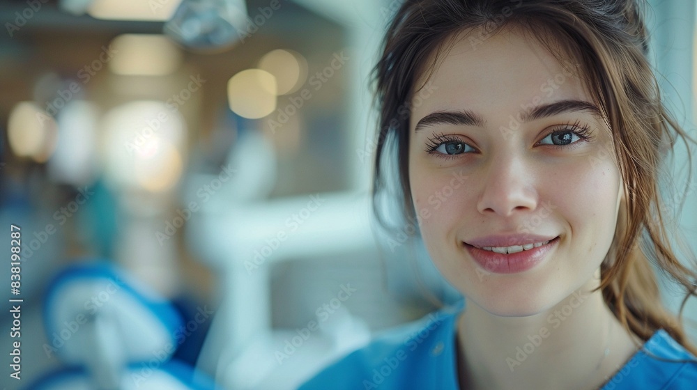 Fototapeta premium Female dentist in blue scrubs examining a patients teeth, professional setting, closeup, focused expression 8K , high-resolution, ultra HD,up32K HD