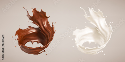 Milk and chocolate splash. Milkshake and melted brown choco. Realistic vector illustration