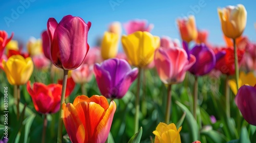 Close-up of a vibrant field of tulips in full bloom, showcasing a rainbow of colors under a clear blue sky