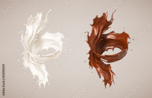 Milk and chocolate splash. Milkshake and melted brown choco. Realistic vector illustration