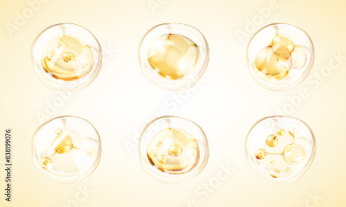 Golden collagen serum drops. Golden molecule inside bubble. Cosmetic liquid, oil bubble. Concept skin care cosmetics solution. Vector illustration