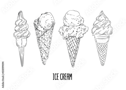 Collection of different ice cream. Vector hand drawn ice cream illustration in vintage engraved style. Dessert, sweets, menu design, restaurant, shop, gelaterie.