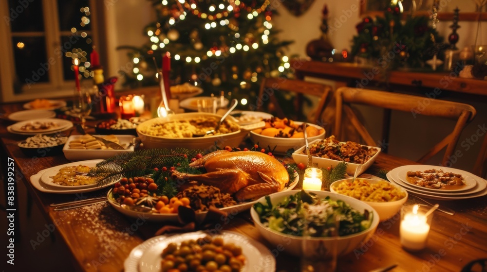 Fototapeta premium A warm and cozy New Year's Eve family feast. A large wooden table is set with a variety of delicious dishes, including roasted turkey