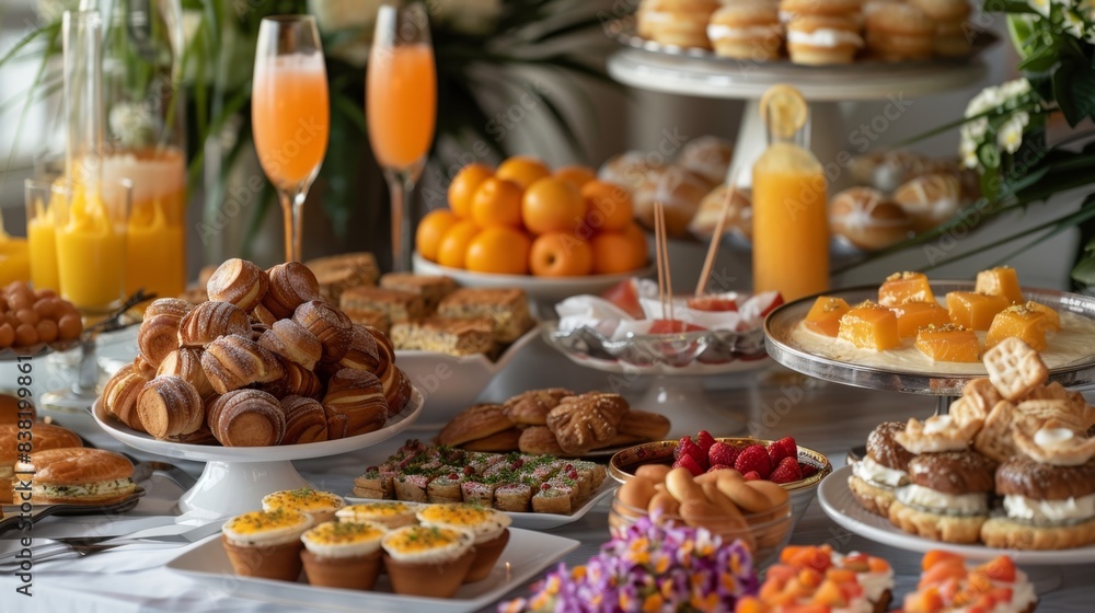 Luxurious Gourmet Brunch Delight with Sparkling Mimosas and a Variety of Delectable Pastries Luxurious Gourmet Brunch Delight with Sparkling Mimosas and a Variety of Delectable Pastries