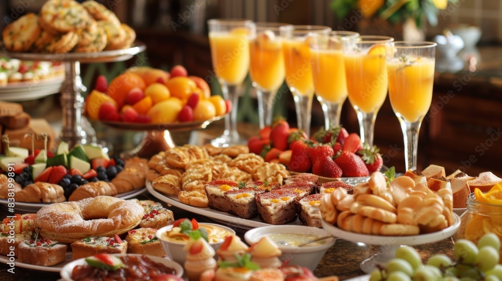 Elegant Gourmet Brunch Delight with Sparkling Mimosas and Delicious Assorted Pastries Elegant Gourmet Brunch Delight with Sparkling Mimosas and Delicious Assorted Pastries