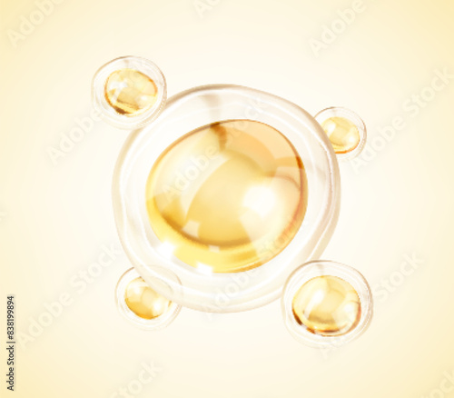 Transparent golden liquid bubbles. Golden yellow bubble oil or serum isolated on yellow background. Concept skin care cosmetics solution