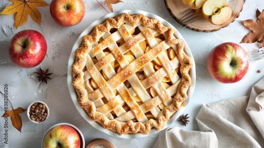 Apple Pie with fresh apples on white kitchen table, top view. Apple Pie with fresh apples on white kitchen table, top view.