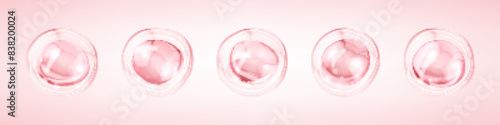 Transparent pink liquid bubbles. Collagen serum bubbles. Cosmetic essence. Concept skin care cosmetics solution. Vector 3d illustration