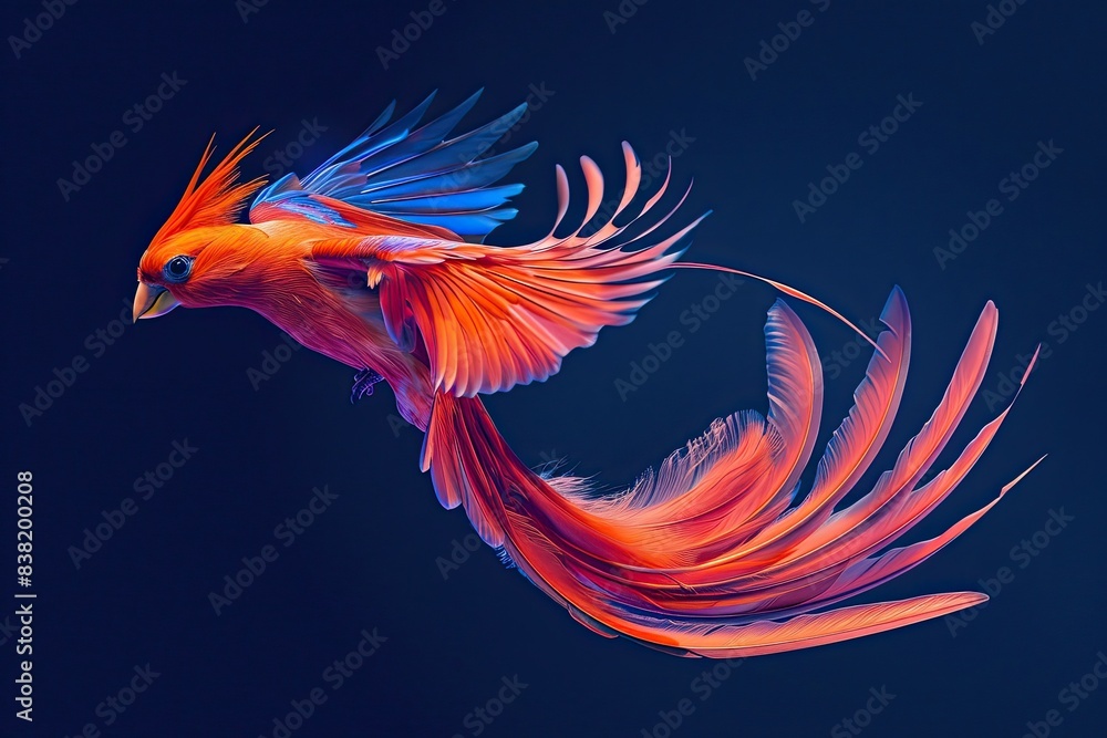 Obraz premium beautiful long tailed full color bird flying by flapping the wings isolated on dark blue background 