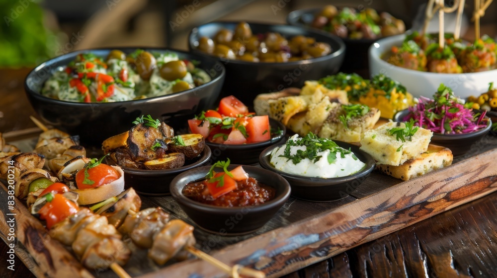 Culinary Delight: Stylish Gourmet Tapas Platter with Assorted Small Bites and Dips Culinary Delight: Stylish Gourmet Tapas Platter with Assorted Small Bites and Dips