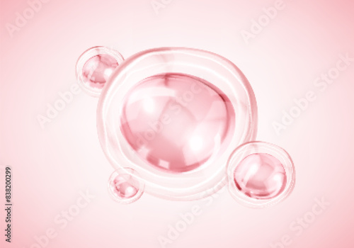 Transparent pink liquid bubbles. Collagen serum bubbles. Cosmetic essence. Concept skin care cosmetics solution. Vector 3d illustration
