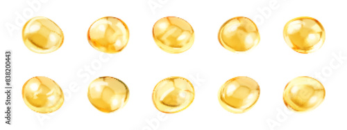 Gold collagen serum bubbles. Cosmetic essence. Golden yellow bubble oil or serum. Concept skincare cosmetics solution. Vector realistic illustration