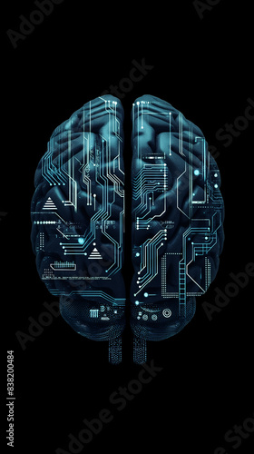 Photograph a stylized representation of a human brain with circuitry or digital elements integrated, symbolizing the concept of artificial intelligence and machine learning. This image combines biolog