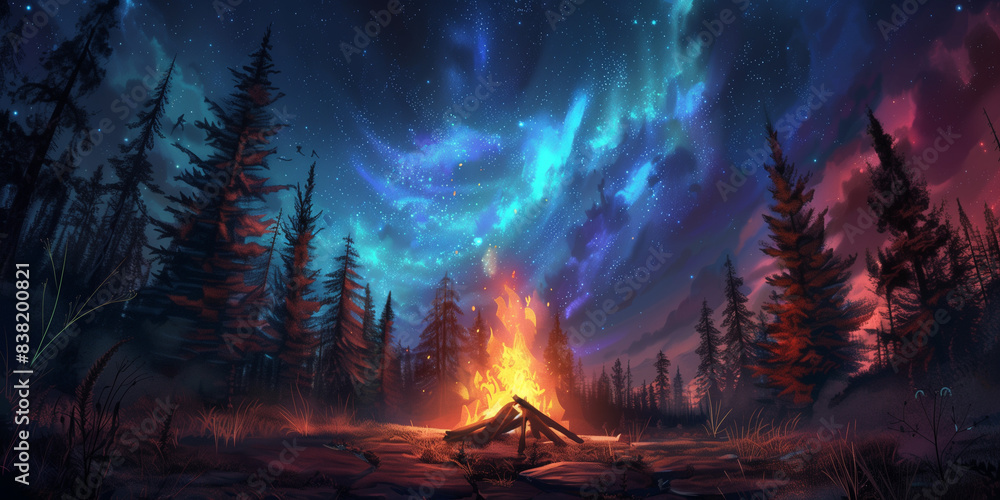 A campfire under the starry sky, surrounded by tall trees and the vibrant colors of the northern lights in shades of blue, purple, green, orange, pink, and red. The fire's glow illuminates the surroun