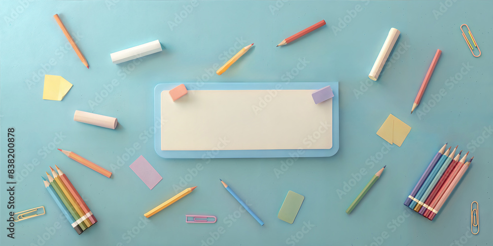 Flat lay of assorted school supplies on blue background featuring erasers, pencils, and note paper with central copy space Flat lay of assorted school supplies on blue background featuring erasers, pencils, and note paper with central copy space