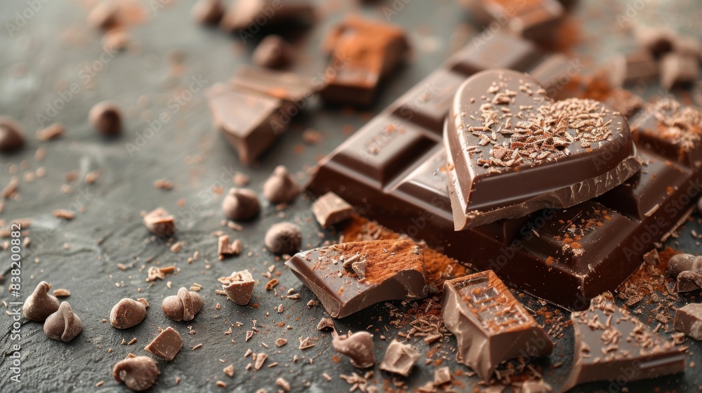 Horizontal banner, chocolate heart lies on a chocolate bar, chocolate chips and crumbs on a dark textured background, confectionery factory, sweet life, free space for text Horizontal banner, chocolate heart lies on a chocolate bar, chocolate chips and crumbs on a dark textured background, confectionery factory, sweet life, free space for text