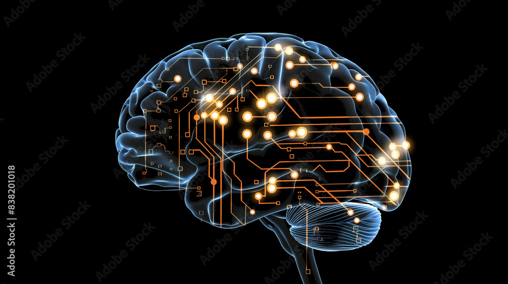 Photograph a stylized representation of a human brain with circuitry or digital elements integrated, symbolizing the concept of artificial intelligence and machine learning. This image combines biolog Photograph a stylized representation of a human brain with circuitry or digital elements integrated, symbolizing the concept of artificial intelligence and machine learning. This image combines biolog