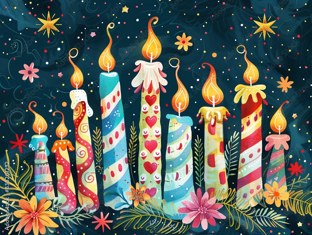 Colorful birthday candles with flowers and leaves on a blue background Colorful birthday candles with flowers and leaves on a blue background