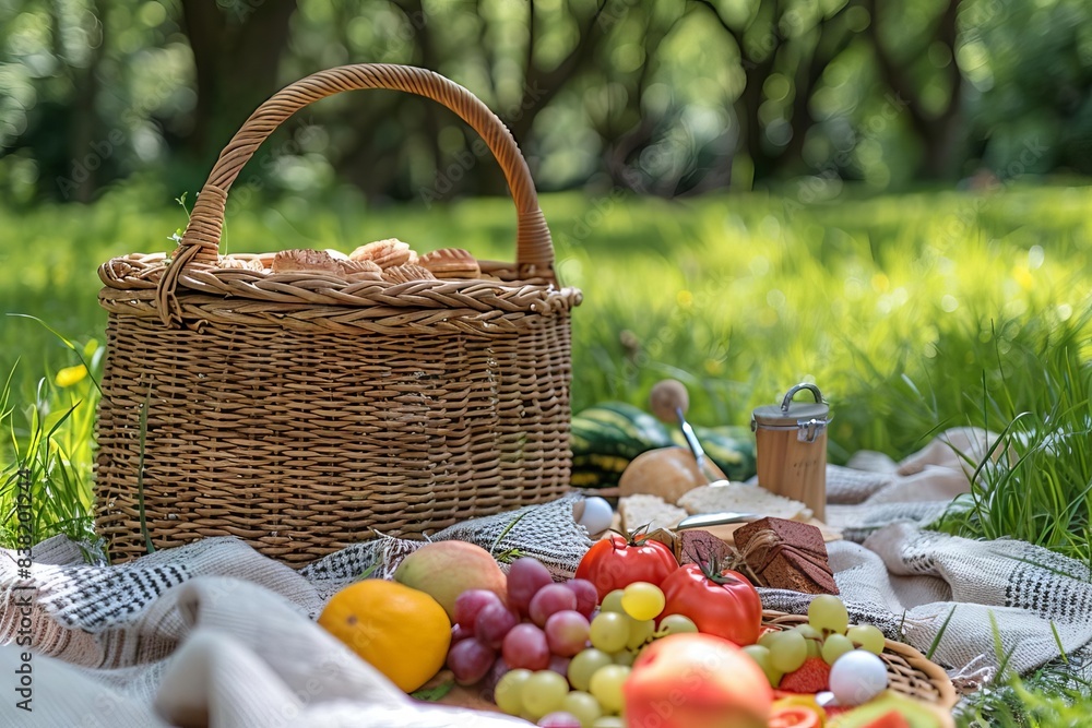 A scenic outdoor picnic setup with a wicker basket and various fruits on a blanket in a lush grassy park. A scenic outdoor picnic setup with a wicker basket and various fruits on a blanket in a lush grassy park.