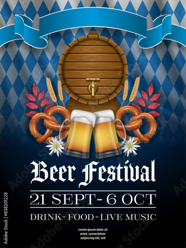 oktoberfest poster with wooden barrel, pretzel and beer mugs. german beer festival flyer
