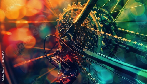 Chain, bicycle, gears close up, focus on, copy space vibrant colors, Double exposure silhouette with cycling motion