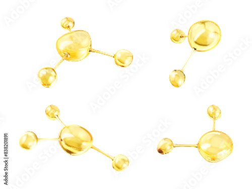 Gold oil molecules. 3D abstract molecular structures. Beauty science skincare molecular concept. Vector 3d illustration
