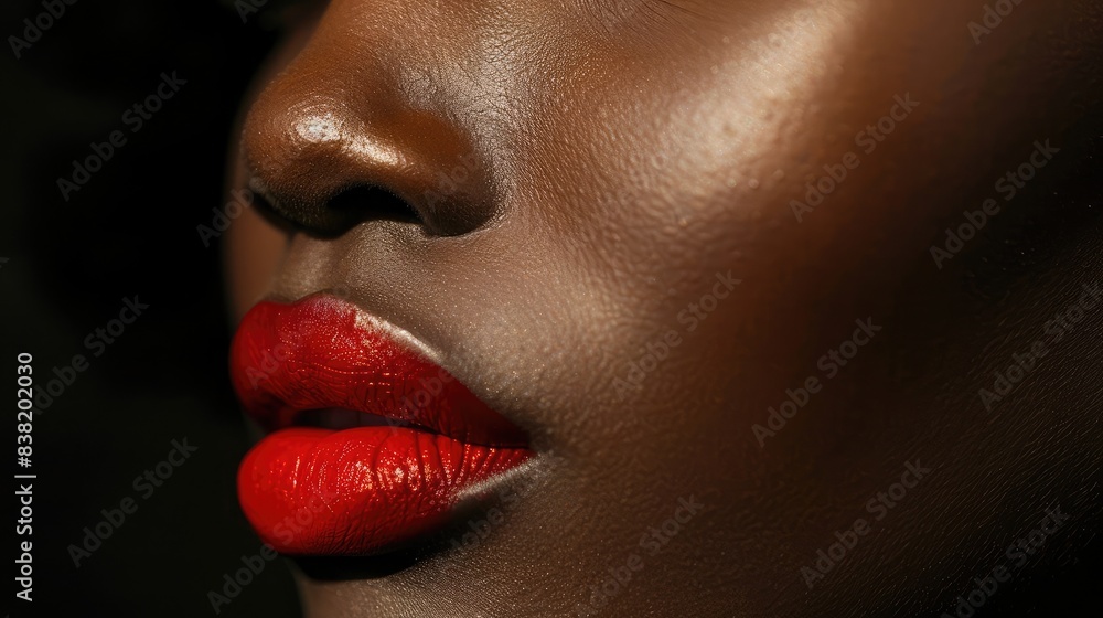 Close-up of a woman's lips with a vibrant red lipstick, showcasing bold and glamorous makeup