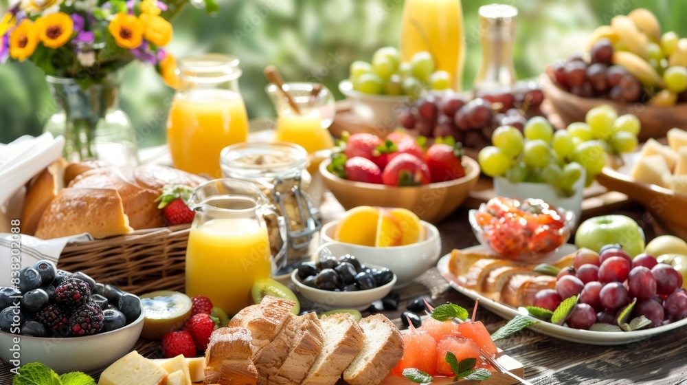 Delicious Gourmet Breakfast Spread with Freshly Squeezed Juices and Pastries