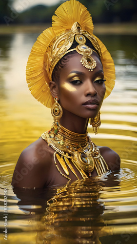 Graceful Oxum: Goddess of Fresh Waters in Golden Glow. Umbanda Brazilian Entity