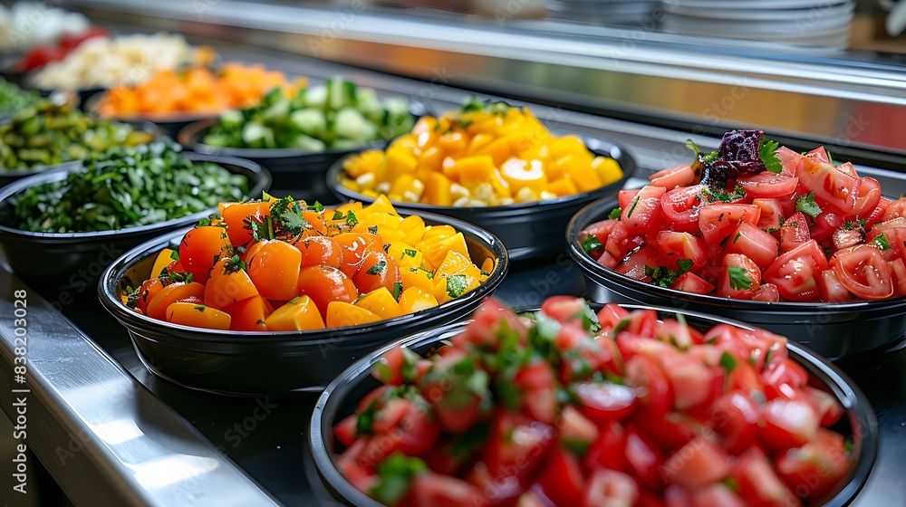 A vibrant display of healthy school meals in a cafeteria setting, featuring colorful salads, fresh fruits, and whole grain wraps, a clear header at the top for catchy slogans or meal plan details A vibrant display of healthy school meals in a cafeteria setting, featuring colorful salads, fresh fruits, and whole grain wraps, a clear header at the top for catchy slogans or meal plan details